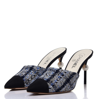 Chanel Tweed Grosgrain Pearl Mules 39 Navy White Black 3 of 13