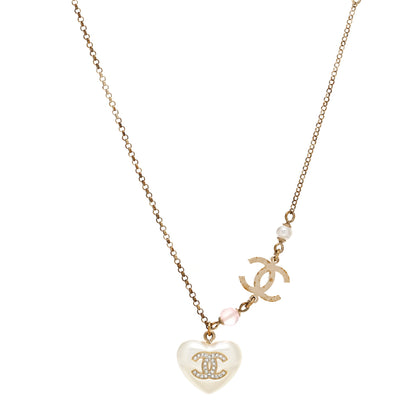 Chanel Resin Crystal CC Heart Necklace Pearly White Gold 1 of 4