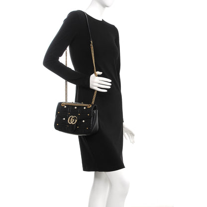 Gucci Calfskin Matelasse Studded Small Pearly GG Marmont Shoulder Bag Black 2 of 7
