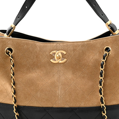 Chanel Suede Calfskin Shiny Lambskin Quilted Small Coco Base Shopping Bag Beige Black 8 of 10