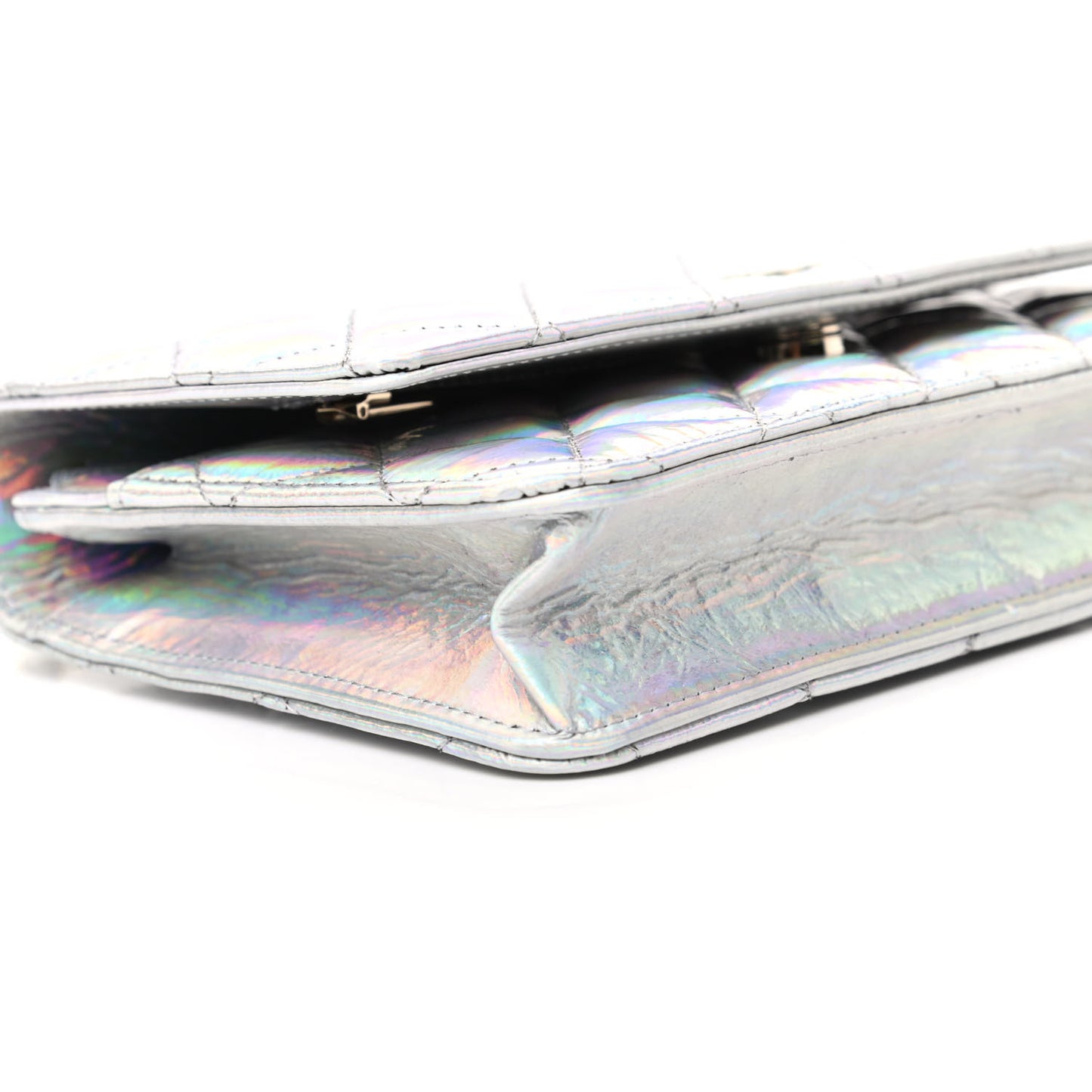 Iridescent Goatskin Quilted Wallet On Chain WOC Silver