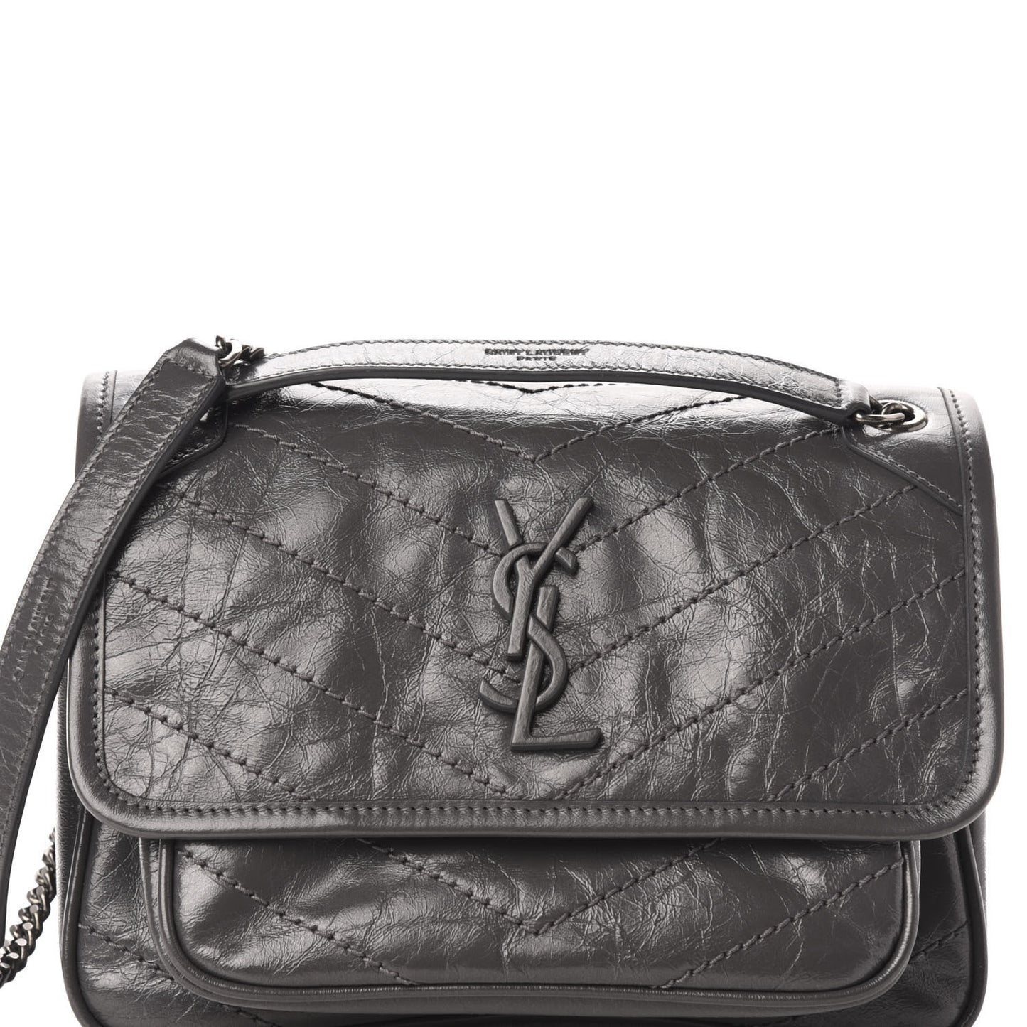 Crinkled Calfskin Matelasse Monogram Baby Niki Chain Satchel Storm