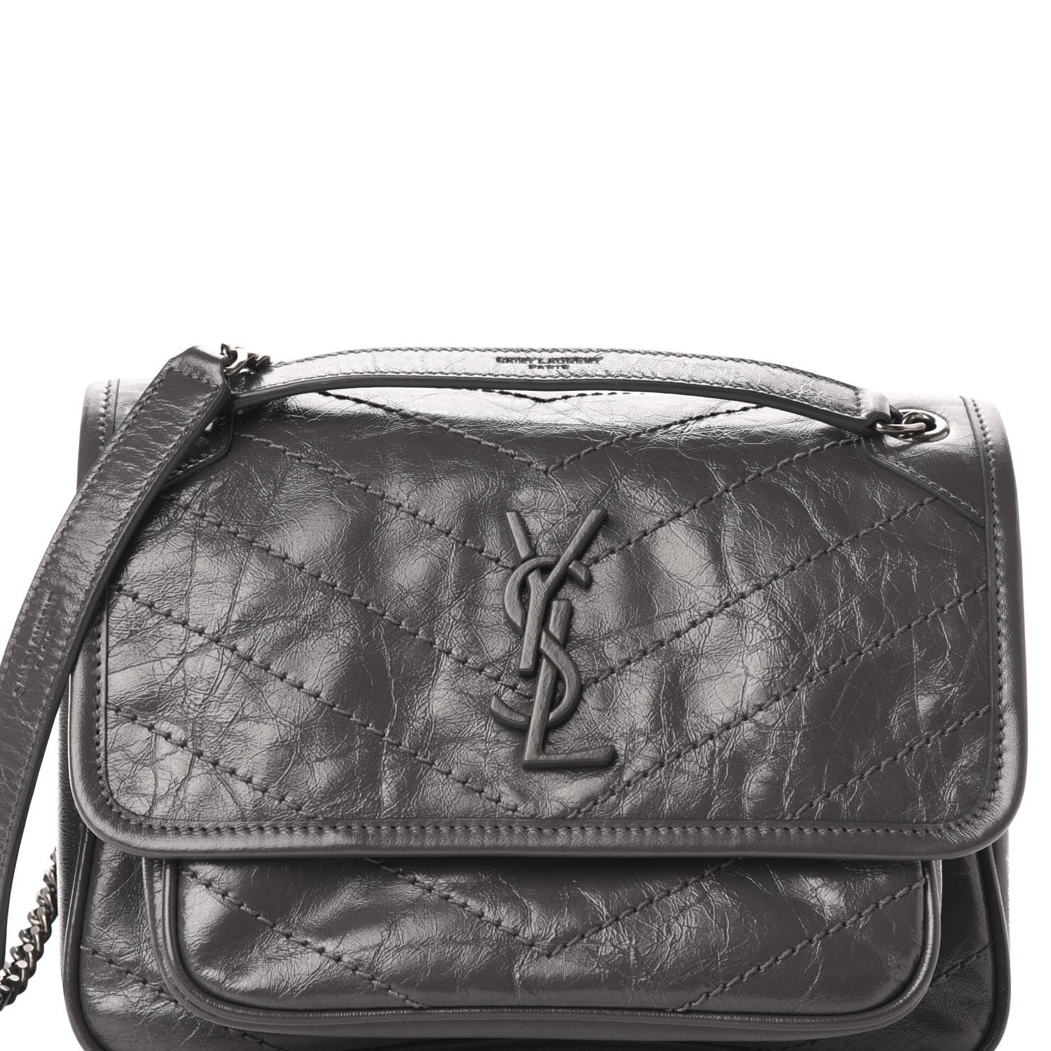 Saint Laurent Crinkled Calfskin Matelasse Monogram Baby Niki Chain Satchel Storm 11 of 12