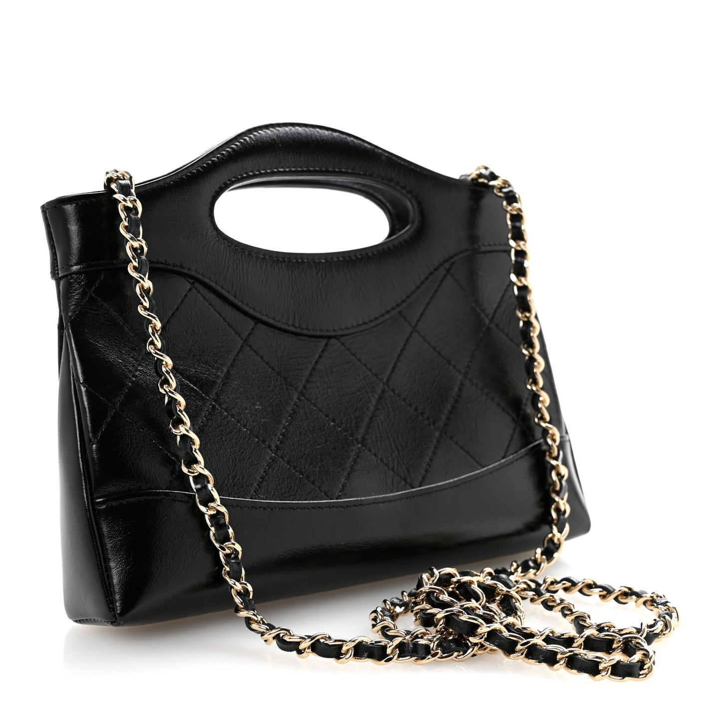 Shiny Crumpled Calfskin Quilted Nano 31 Shopping Bag Black