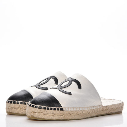 Chanel Iridescent Goatskin CC Espadrille Mules 37 Ivory Black 3 of 10