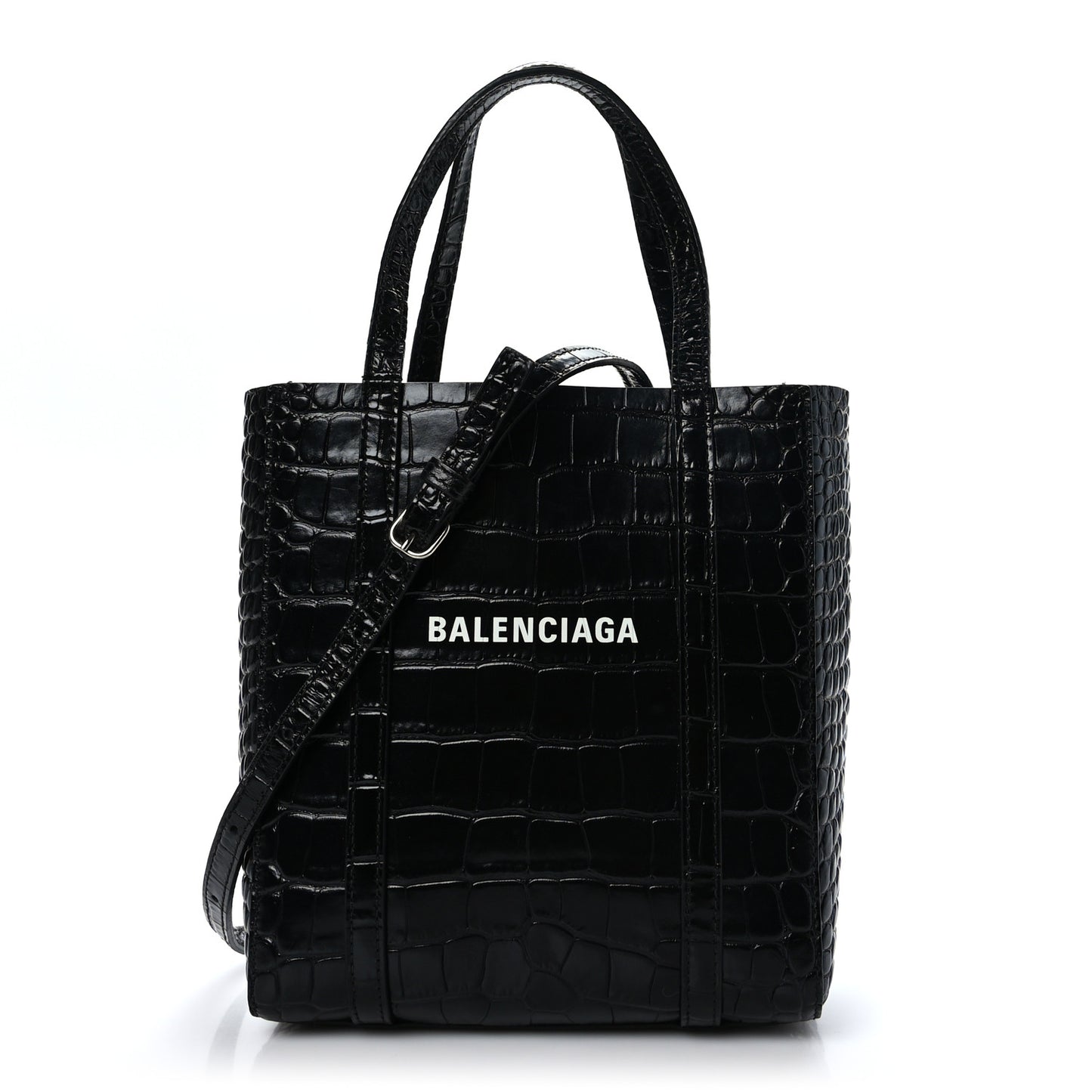 Shiny Calfskin Logo Crocodile Embossed XXS Everyday Tote Black
