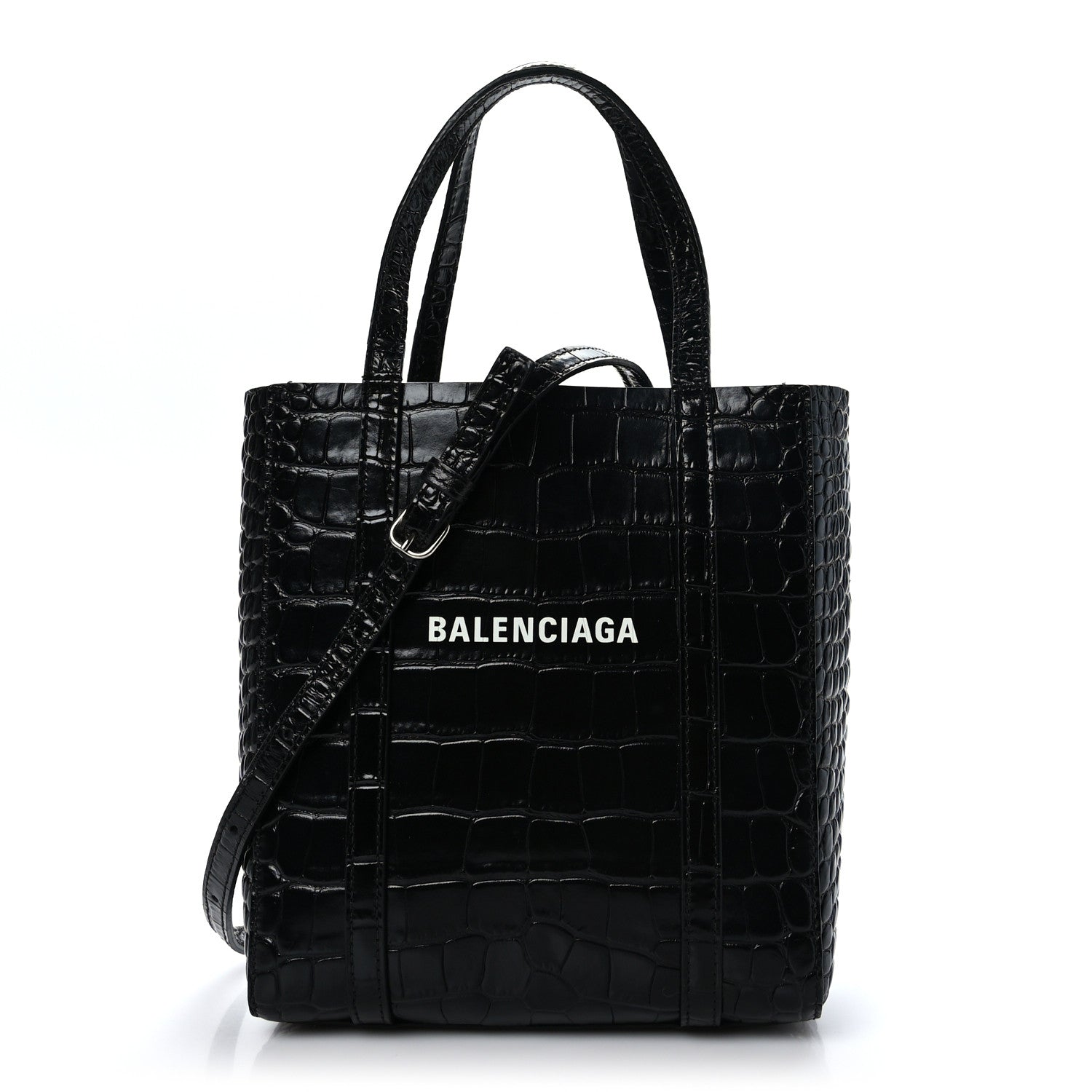 Balenciaga Shiny Calfskin Logo Crocodile Embossed XXS Everyday Tote Black 1 of 8