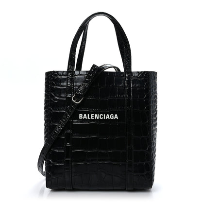 Balenciaga Shiny Calfskin Logo Crocodile Embossed XXS Everyday Tote Black 1 of 8