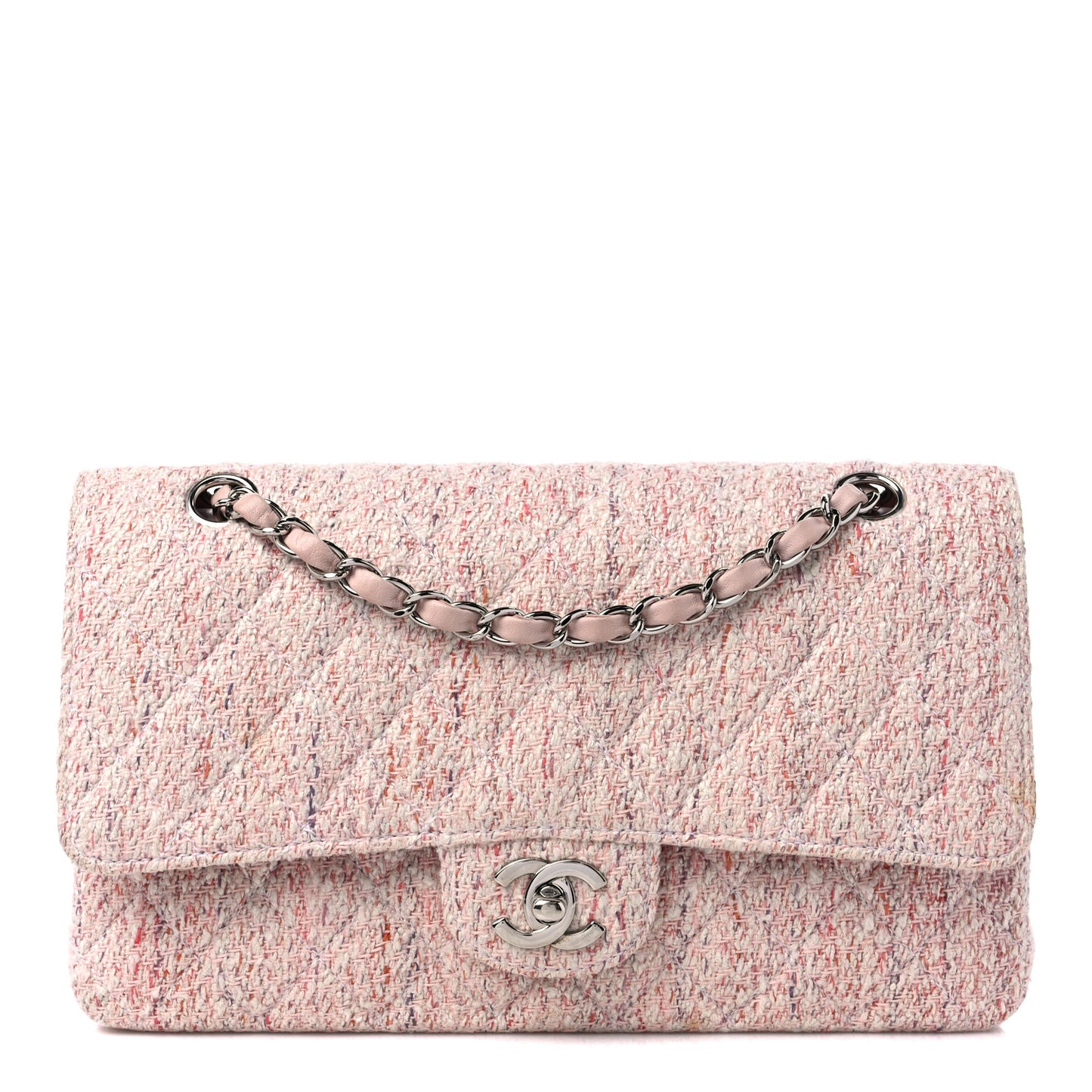 Tweed Quilted Medium Double Flap Pink Multicolor