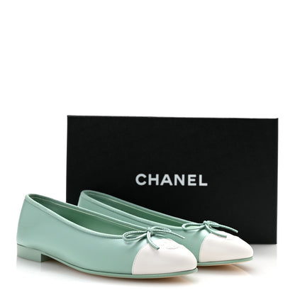 Chanel Lambskin CC Cap Toe Ballerina Flats 38 Light Green White 10 of 10