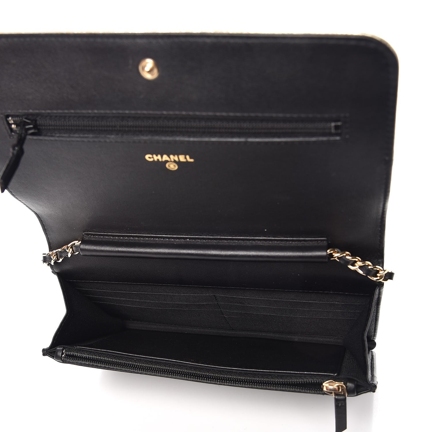 Chanel Metallic Goatskin Lambskin Boy Wallet on Chain WOC Black Gold 5 of 9
