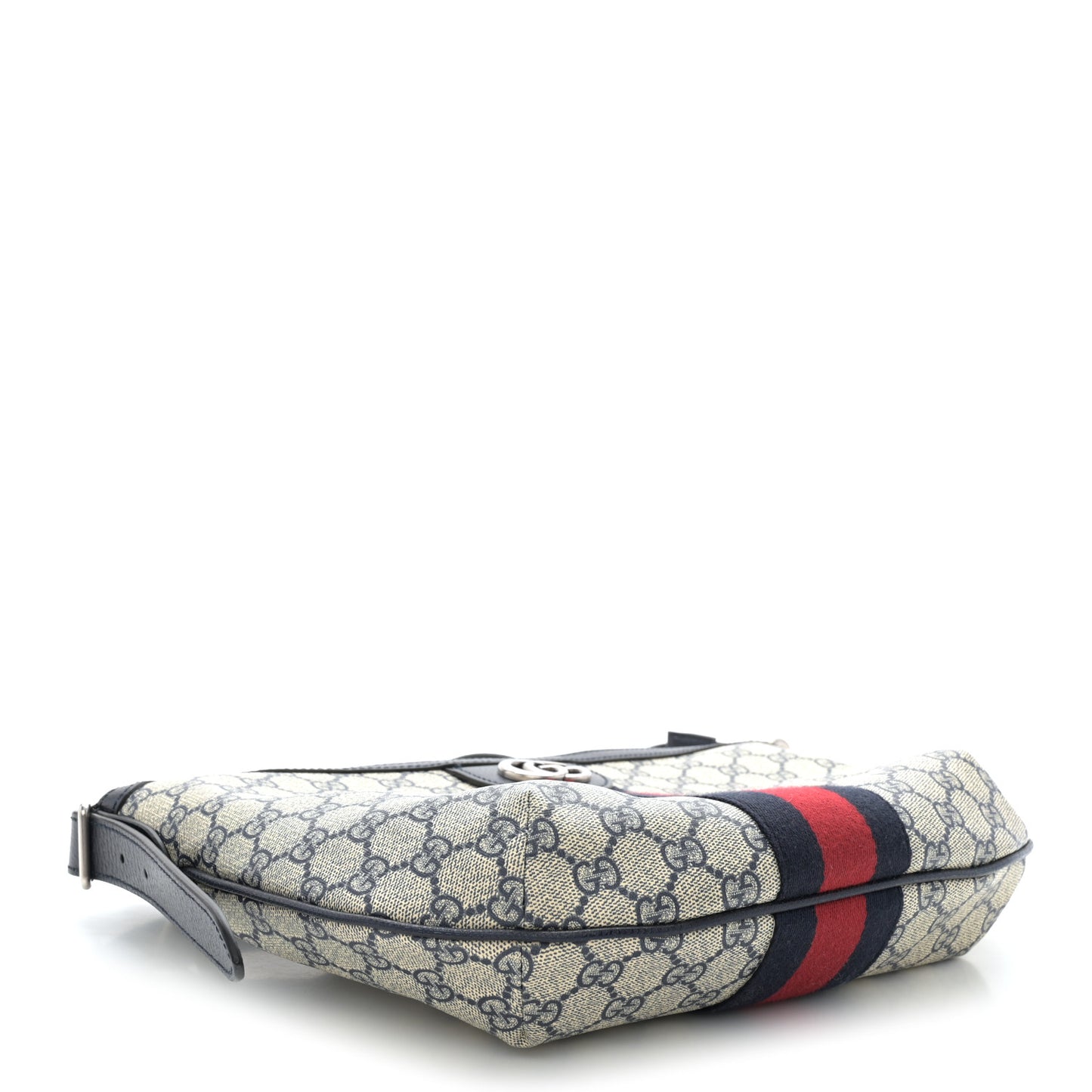 GG Supreme Monogram Textured Dollar Calfskin Web Small Ophidia Half Moon Hobo Beige Blue