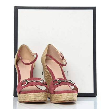 Gucci Kid Scamosciato Horsebit Platform Espadrille Wedge Sandals 37.5 Dry Rose 8 of 8