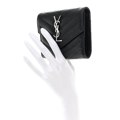 Saint Laurent Grain De Poudre Matelasse Chevron Monogram Compact Tri Fold Wallet Black 2 of 7