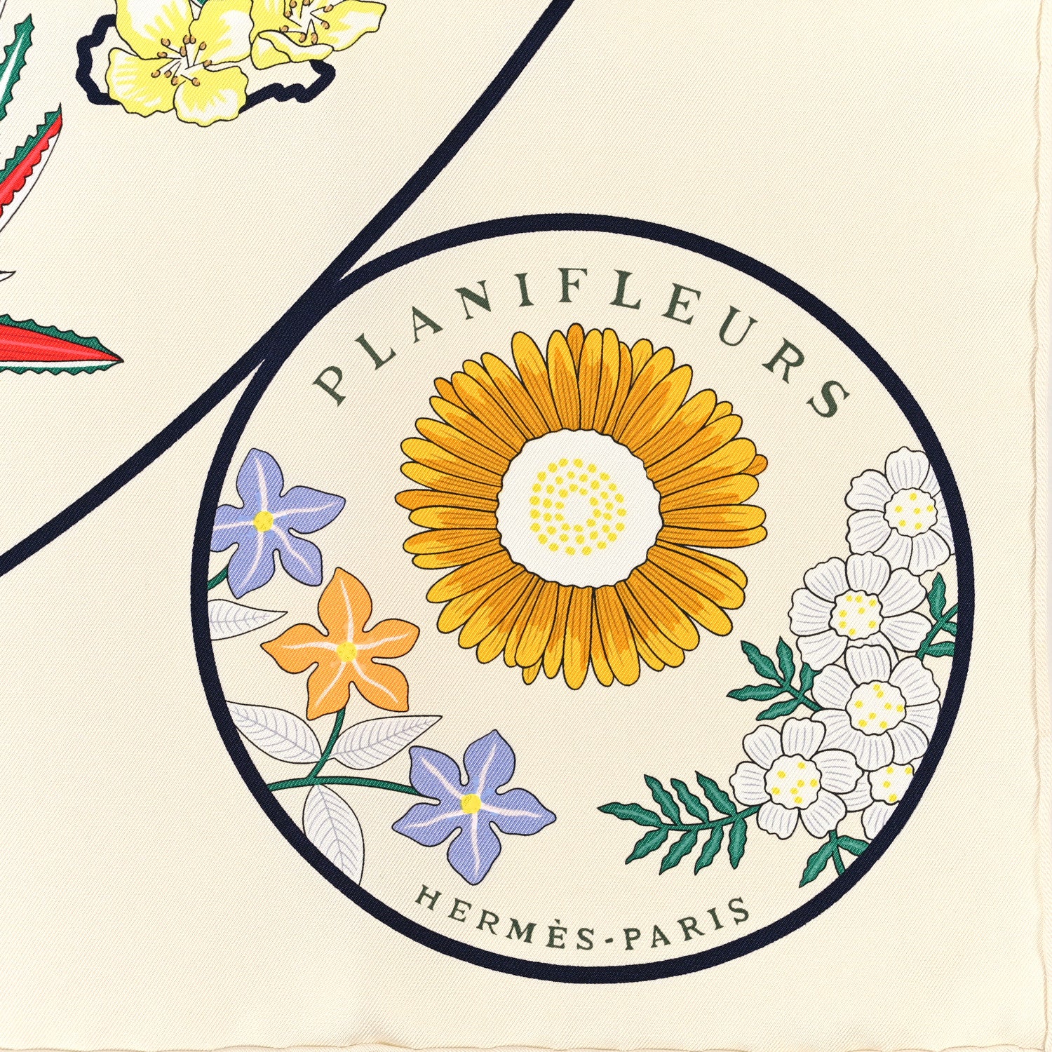 Hermes Silk Planifleurs Scarf 90 Creme Jaune Vert 2 of 3