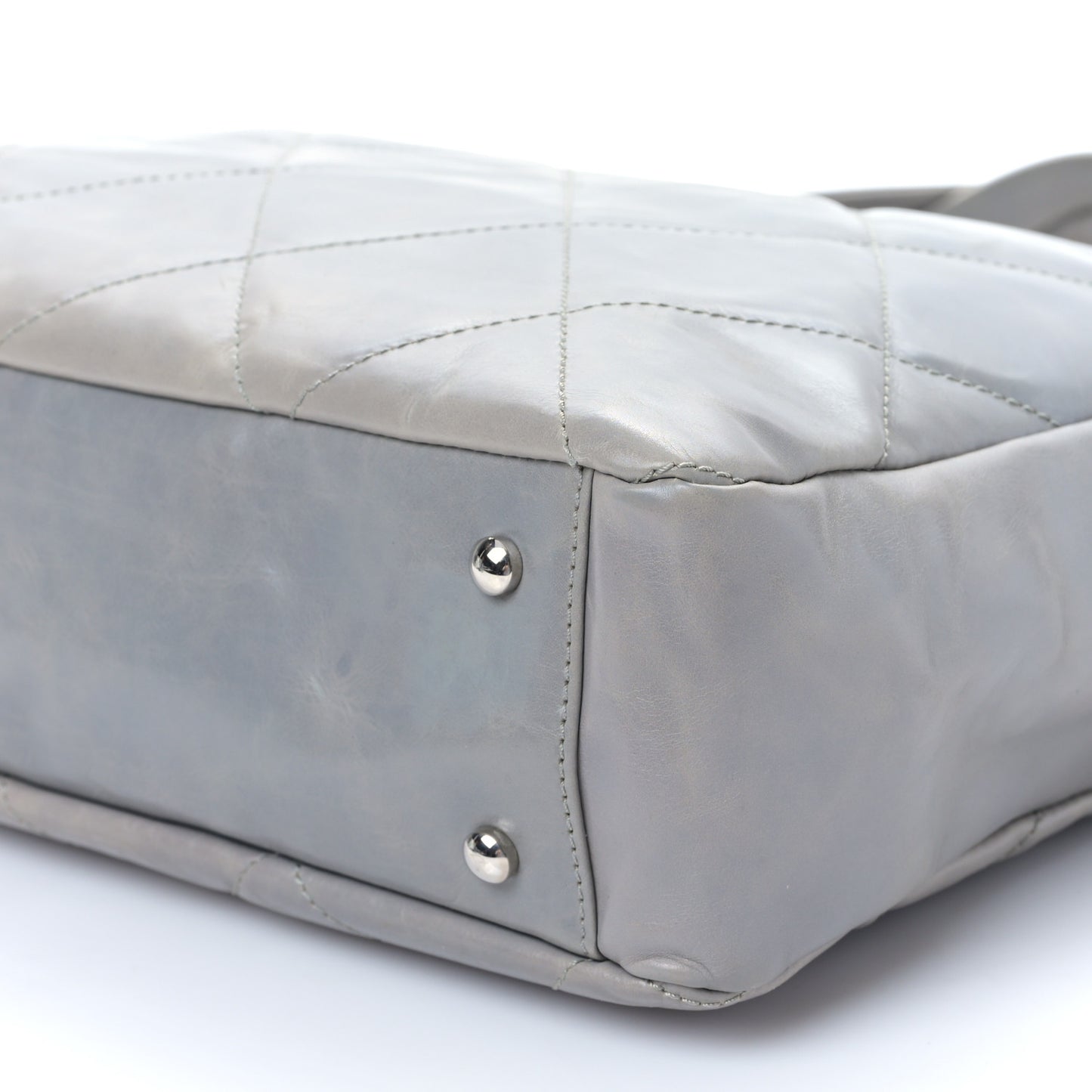 Glazed Calfskin Quilted Portobello Tote Grey Dark Brown
