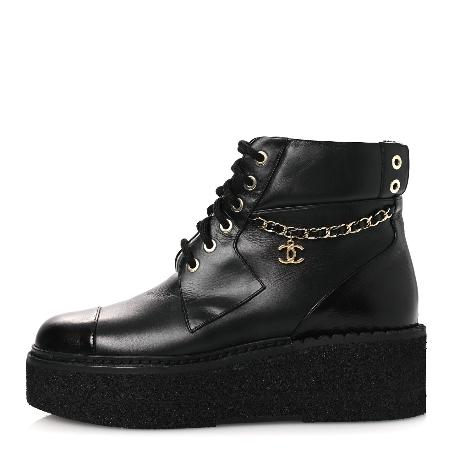 Calfskin Shiny Calfskin Chain Lace Up CC Short Boots 38.5 Black