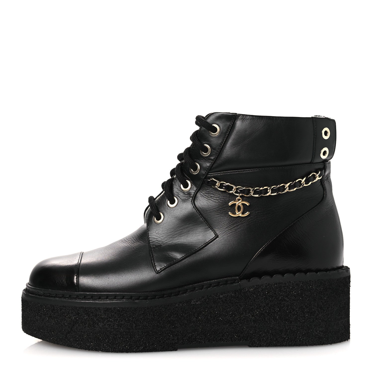 Chanel Calfskin Shiny Calfskin Chain Lace Up CC Short Boots 38.5 Black 1 of 11