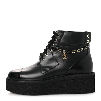 Chanel Calfskin Shiny Calfskin Chain Lace Up CC Short Boots 38.5 Black 1 of 11