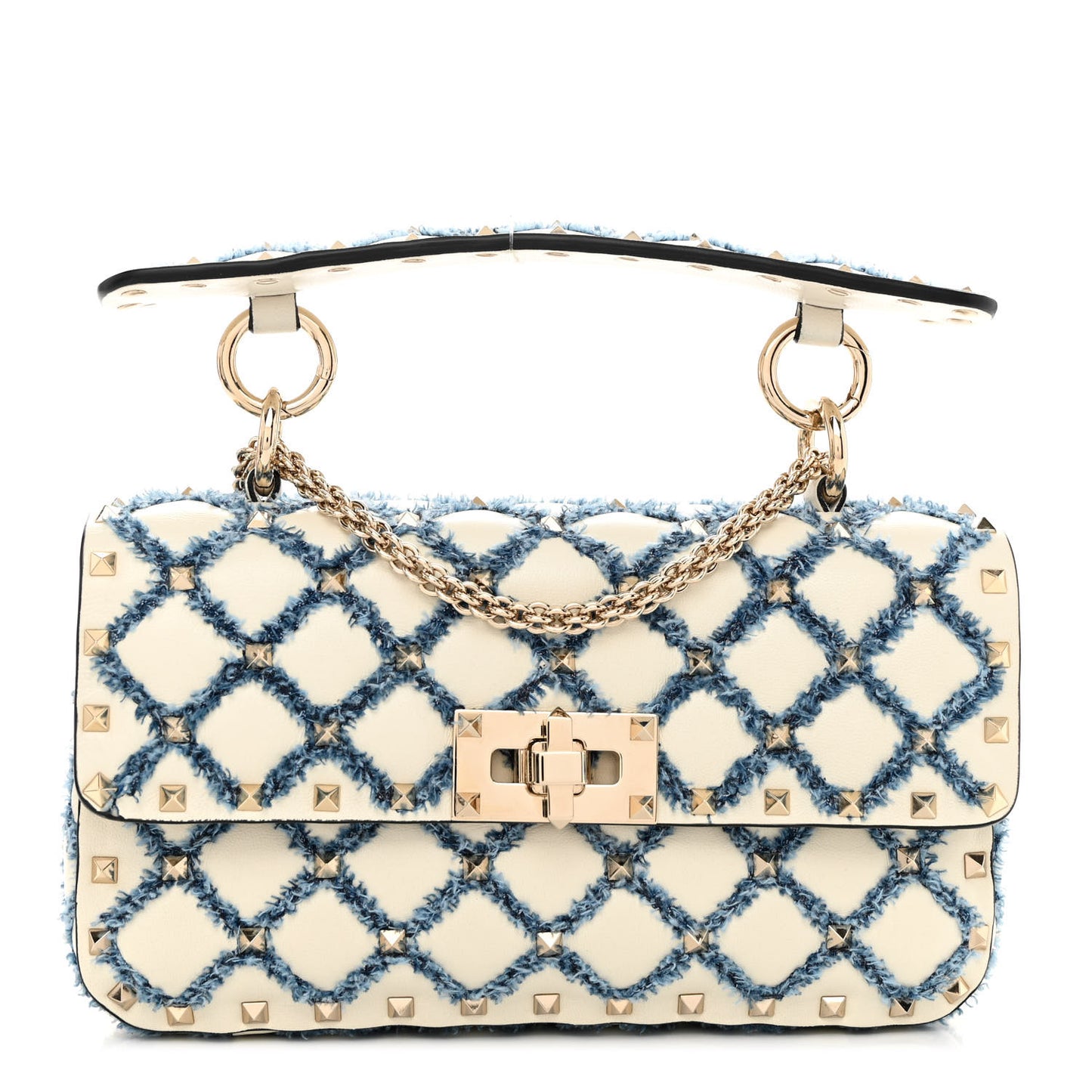 Nappa Denim Quilted Rockstud Medium Spike Shoulder Bag Ivory Blue