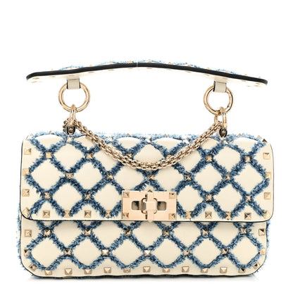 Valentino Garavani Nappa Denim Quilted Rockstud Medium Spike Shoulder Bag Ivory Blue 1 of 12