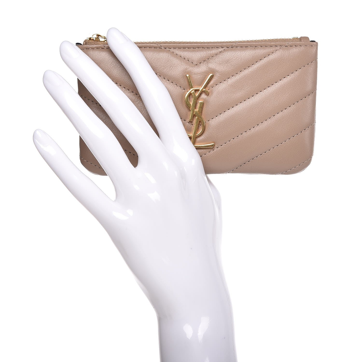 Saint Laurent Calfskin Matelasse Monogram Key Pouch Light Taupe 2 of 7