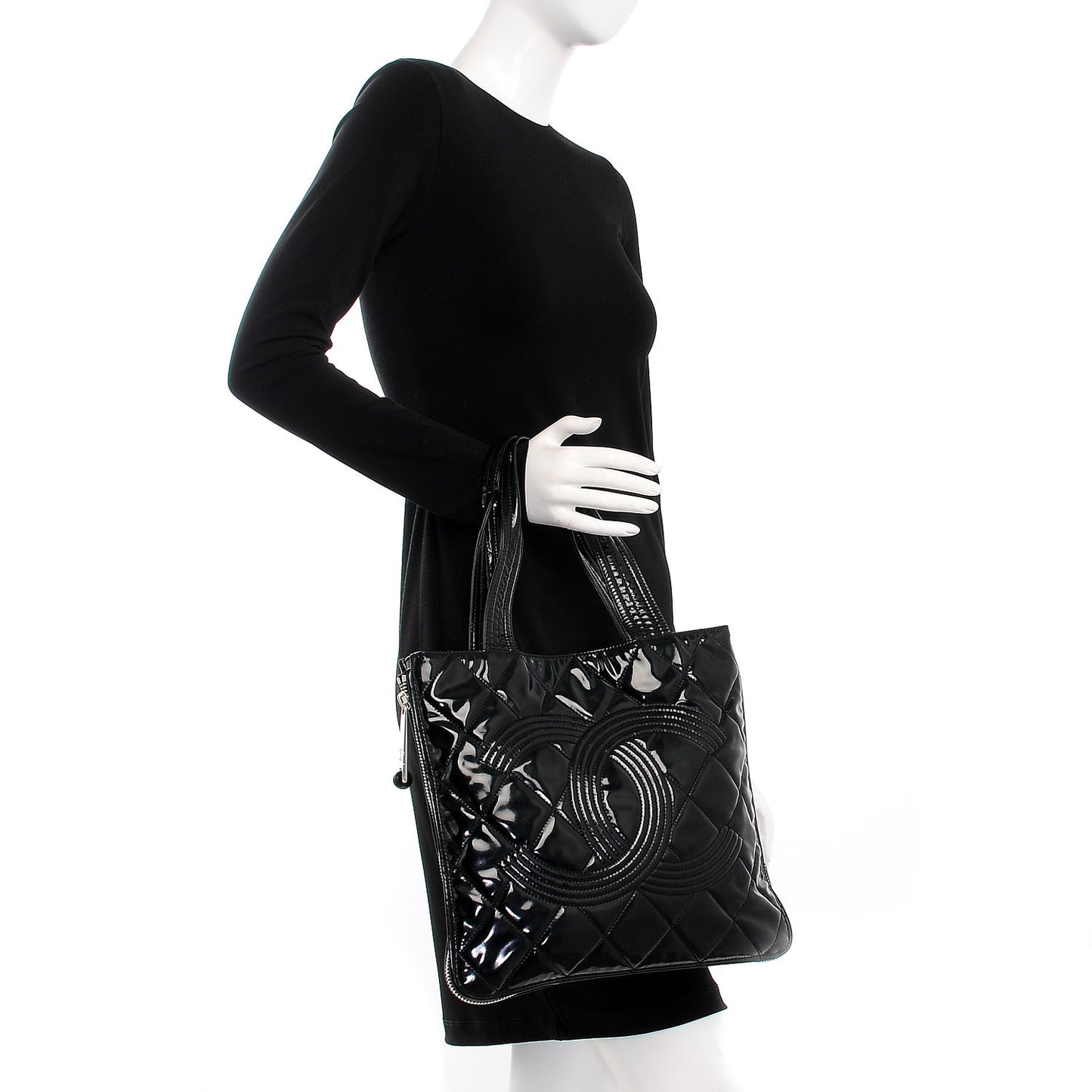 Patent Quilted Expandable CC Shoping Tote Black