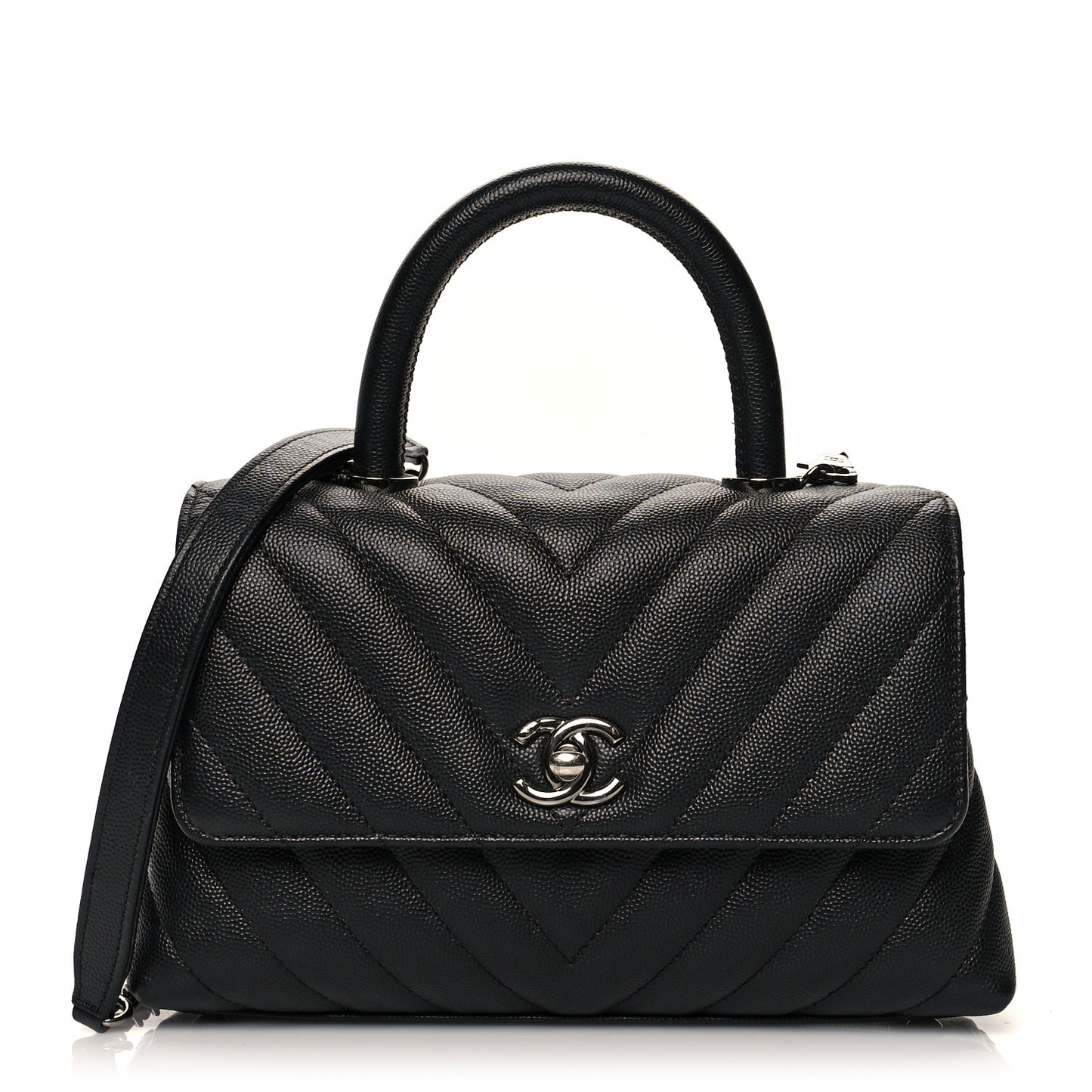 Caviar Chevron Quilted Mini Coco Handle Flap Black