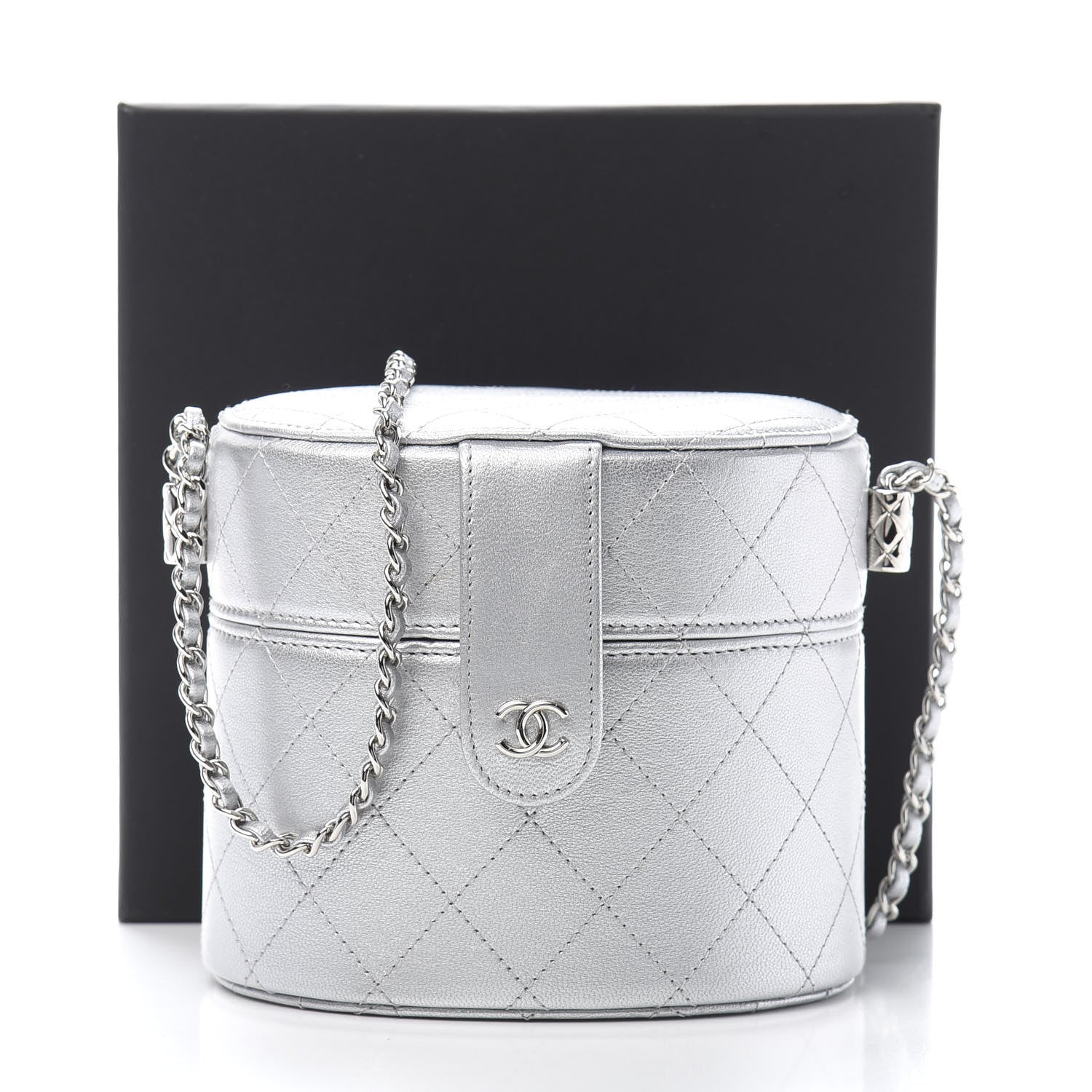 Chanel Metallic Lambskin Quilted Round Vanity Case With Chain Silver 12 of 12