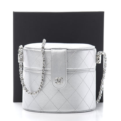 Chanel Metallic Lambskin Quilted Round Vanity Case With Chain Silver 12 of 12