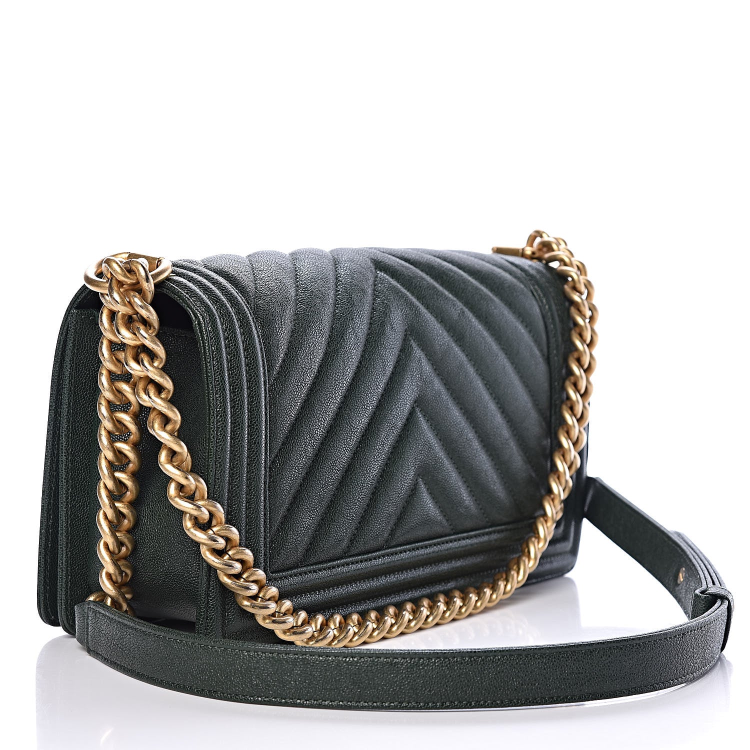 Chanel Caviar Chevron Quilted Medium Boy Flap Dark Green 3 of 10