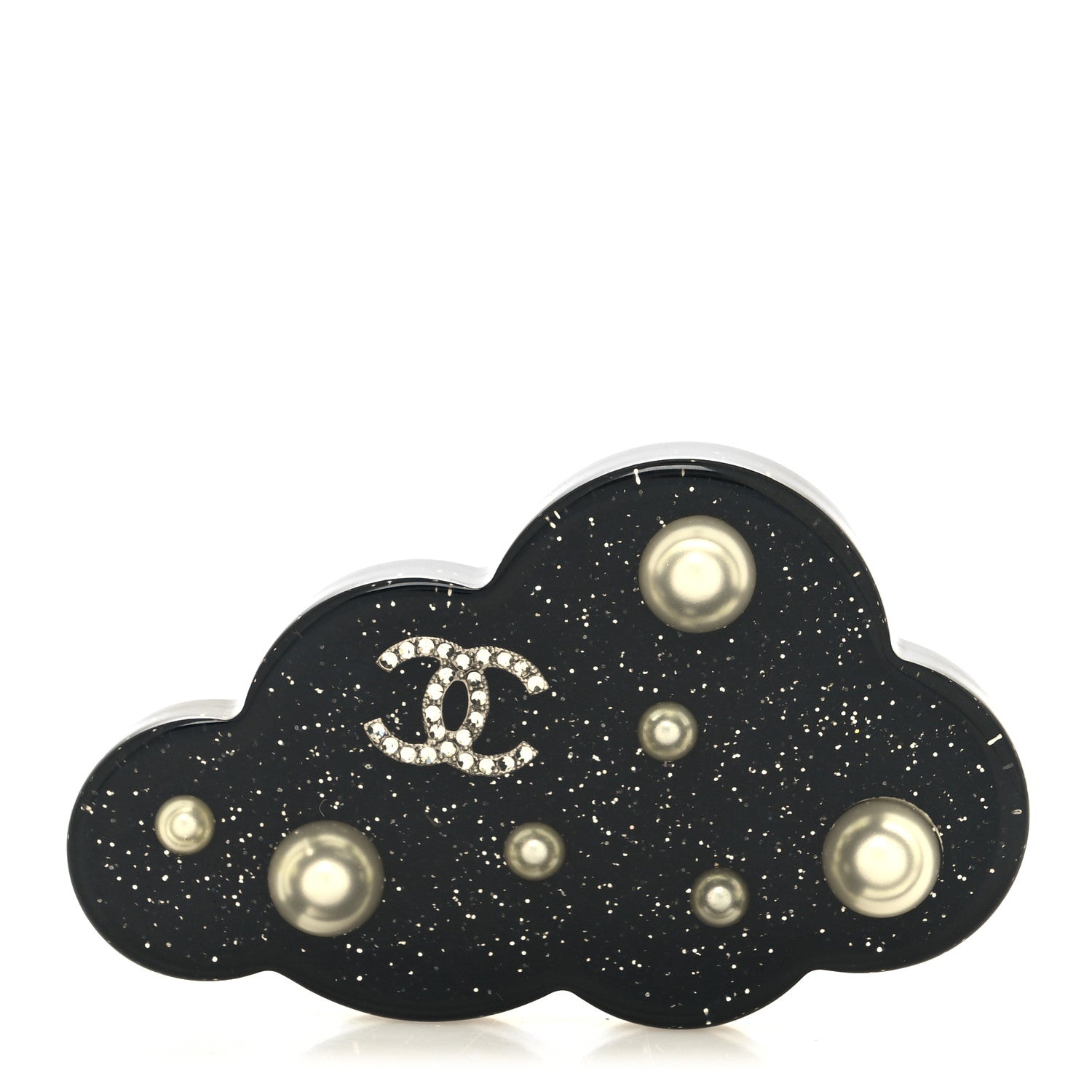 Chanel Glittered Resin Crystal Pearl CC Cloud Brooch Black Silver 1 of 4