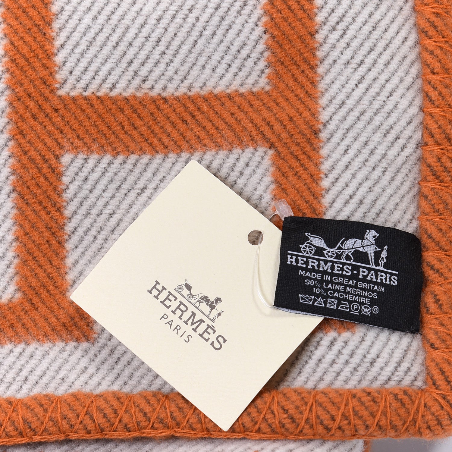 Hermes Wool Cashmere Signature Classic Avalon Blanket Ecru Potiron 3 of 3