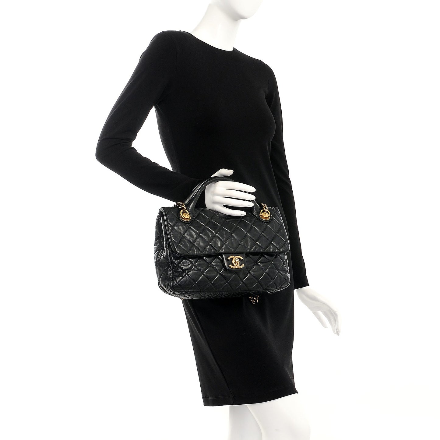Glazed Calfskin Castle Rock Medium Flap Black
