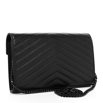 Saint Laurent Grain De Poudre Matelasse Chevron Monogram Chain Wallet Black 2 of 8