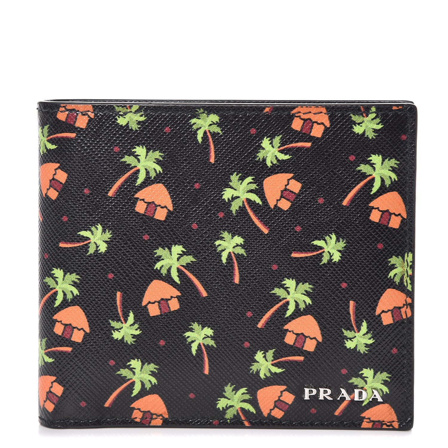 Prada Saffiano Palm Tree Bi-Fold Wallet Black 1 of 8
