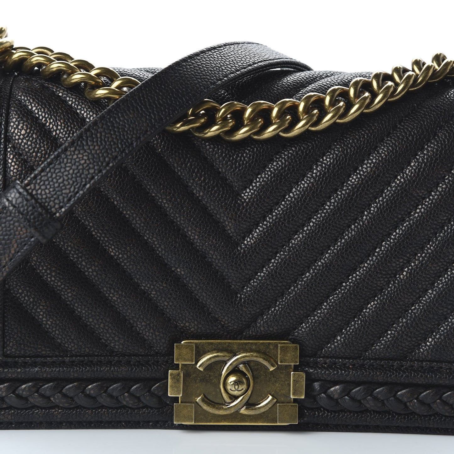 Patinated Calfskin Chevron Quilted Medium Braid Around Boy Flap Brown