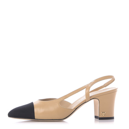 Chanel Goatskin Grosgrain Cap Toe CC Slingback Sandals 38 Beige Black 1 of 13