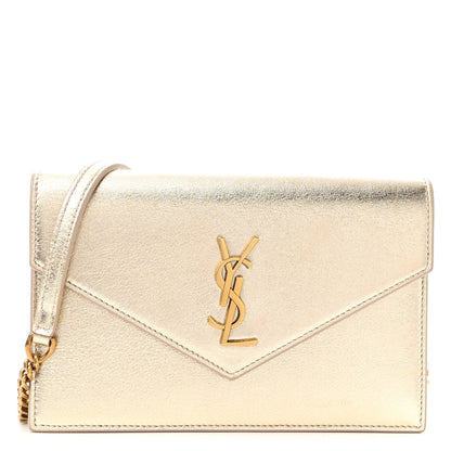 Saint Laurent Metallic Calfskin Monogram Envelope Chain Wallet Gold 1 of 12