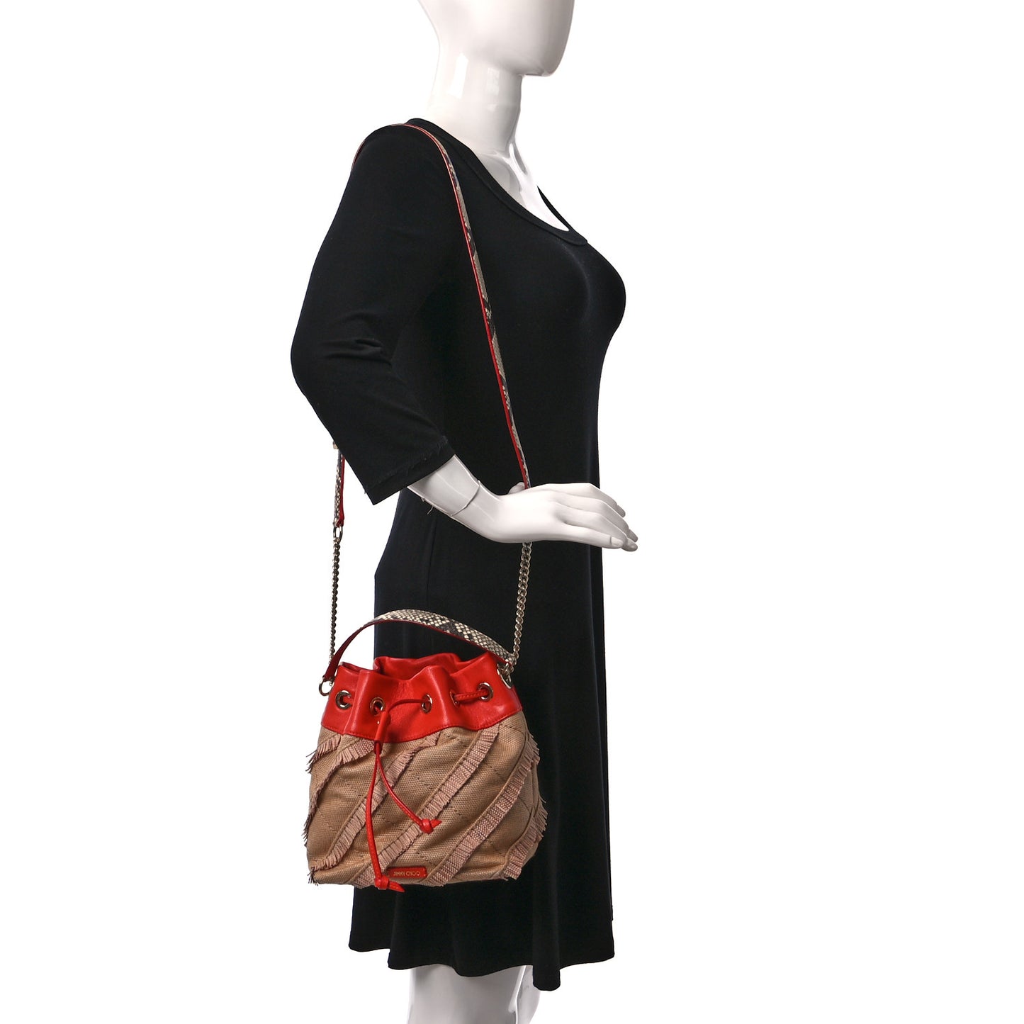 Raffia Snakeskin Print Fringed Bucket Bag Orange
