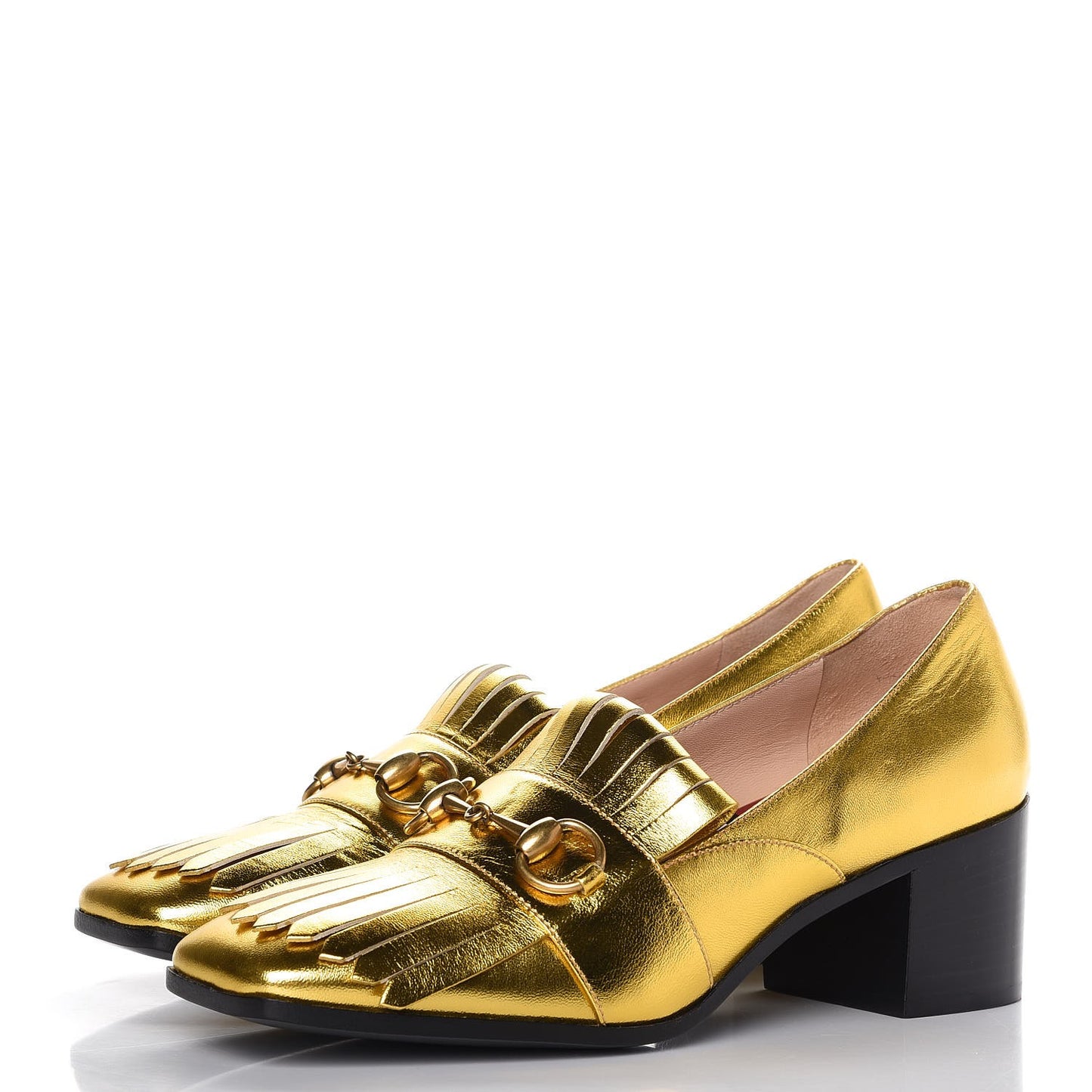 Metallic Nappa Silk Polly Kiltie Fringe 55mm Loafer Pumps 38.5 Oro Vecchio