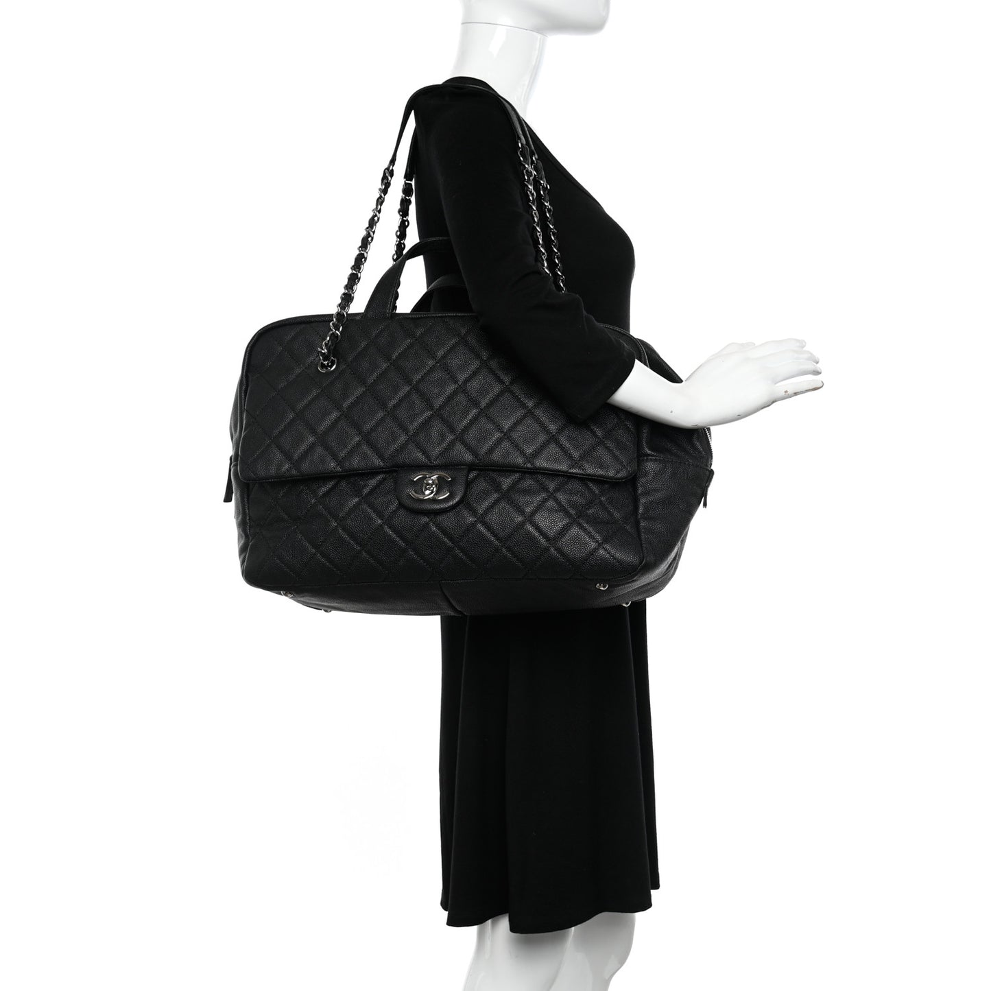 Caviar Quilted Large Travel Flap Tote Black Black