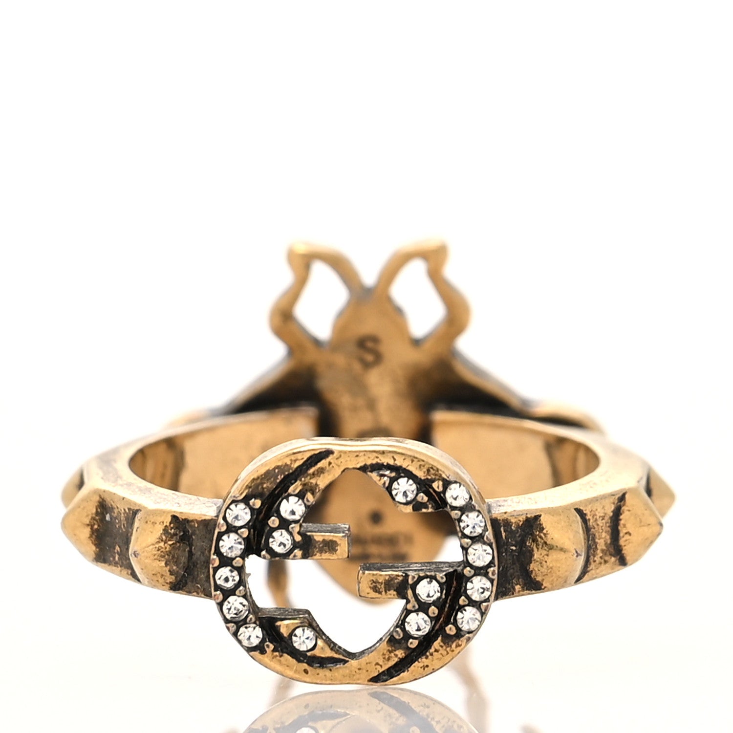 Gucci Metal Crystal Pearl Bee Ring S Aged Gold 3 of 4