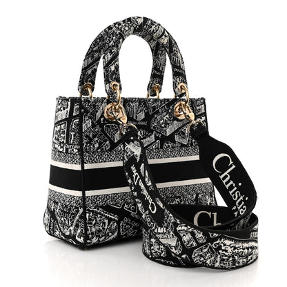 Christian Dior Canvas Embroidered Medium Plan de Paris Lady D-Lite Black White 3 of 9