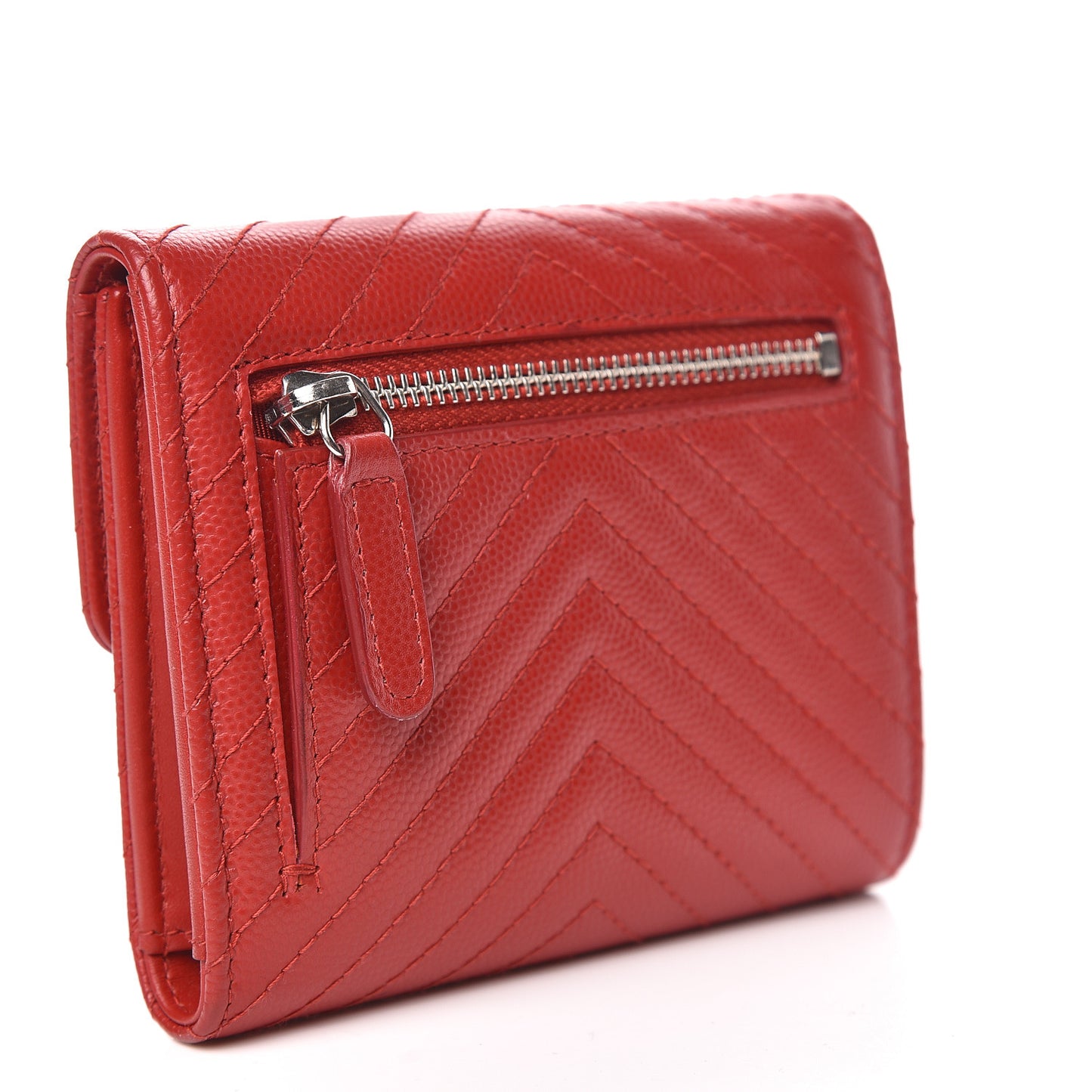 Caviar Chevron Quilted Compact Flap Wallet Dark Red