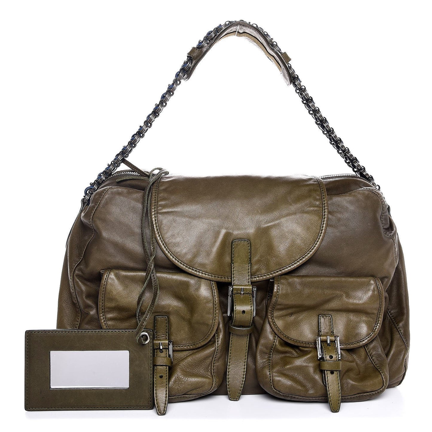 Agneau Large Chain Multipocket Shoulder Bag Green