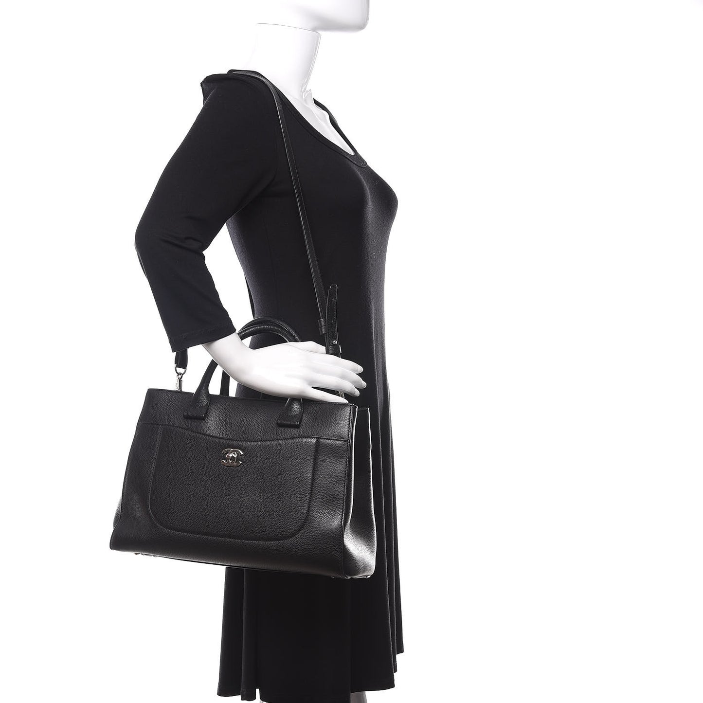 Grained Calfskin Small Neo Executive Shopper Tote Black