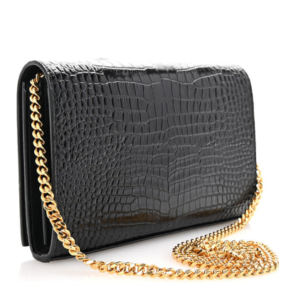 Saint Laurent Calfskin Crocodile Embossed Cassandre Wallet On Chain WOC Black 3 of 10