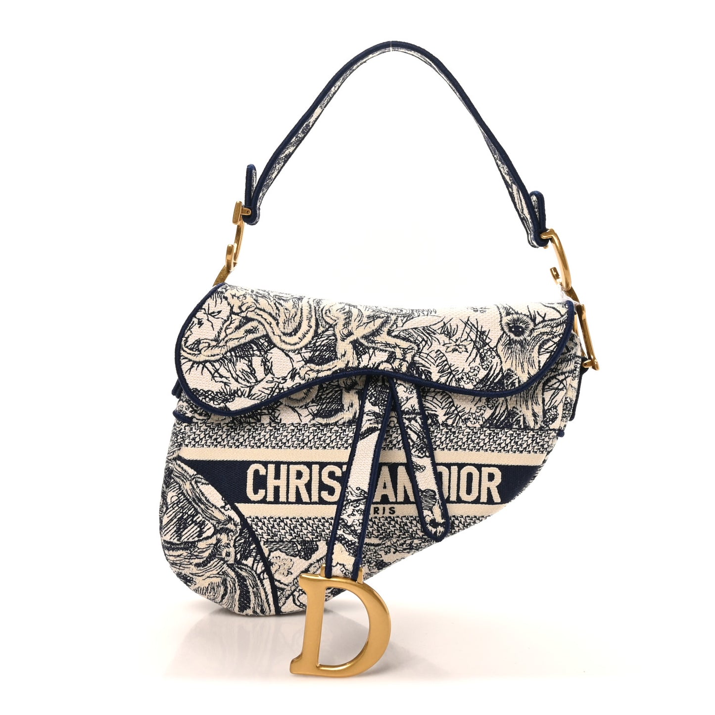 Canvas Embroidered Toile de Jouy Saddle Bag Blue