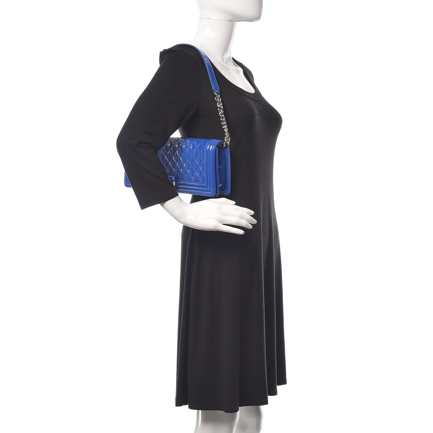 Patent Calfskin Quilted Plexiglass Boy Clutch With Removable Chain Blue